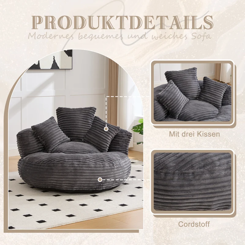 Grand fauteuil rond en velours côtelé gris chaise lounge avec trois coussins FLAREINFIN