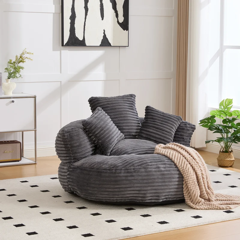 Grand fauteuil rond en velours côtelé gris chaise lounge avec trois coussins FLAREINFIN