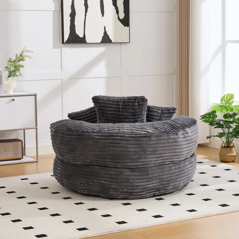 Grand fauteuil rond en velours côtelé gris chaise lounge avec trois coussins FLAREINFIN