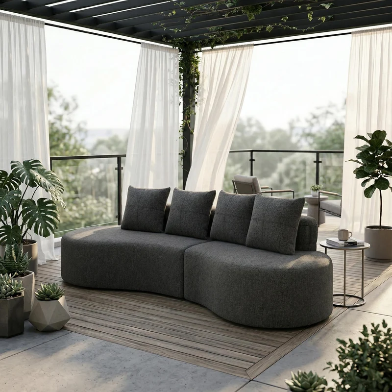 Canapé 3 places en lin gris avec 4 coussins, porte-gobelet, poches latérales sans montage 240x109cm FLAREINFI