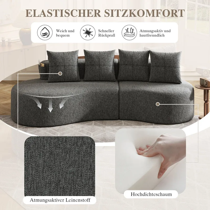 Canapé 3 places en lin gris avec 4 coussins, porte-gobelet, poches latérales sans montage 240x109cm FLAREINFI