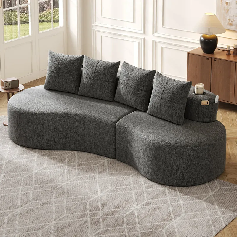 Canapé 3 places en lin gris avec 4 coussins, porte-gobelet, poches latérales sans montage 240x109cm FLAREINFI