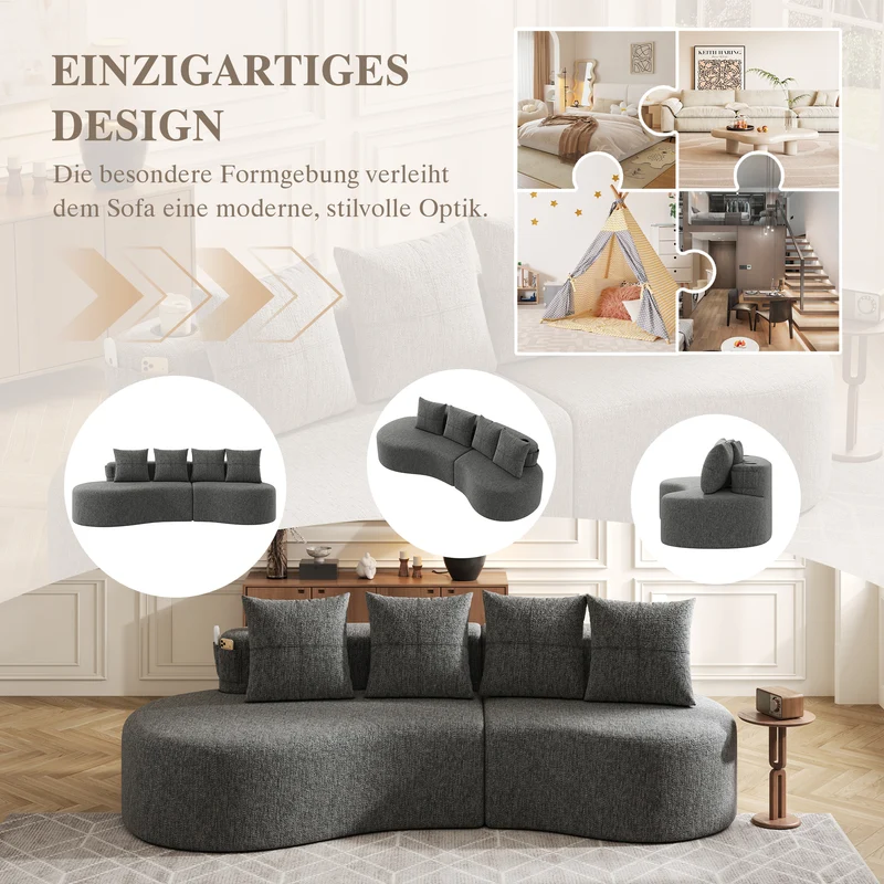 Canapé 3 places en lin gris avec 4 coussins, porte-gobelet, poches latérales sans montage 240x109cm FLAREINFI