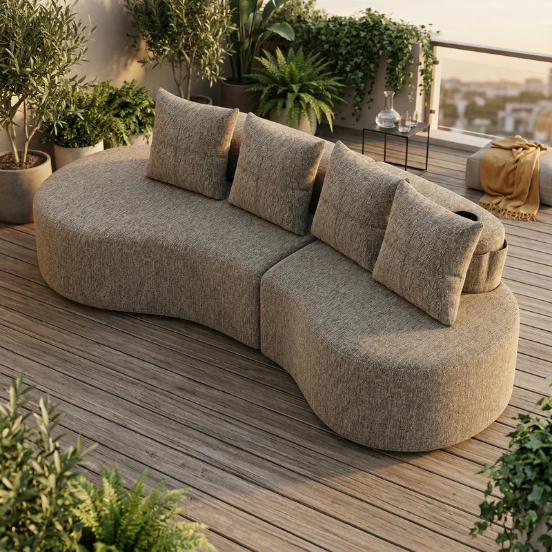 Canapé 3 places en lin khaki avec 4 coussins, porte-gobelet, poches latérales sans montage 240x109cm FLARERIFTA