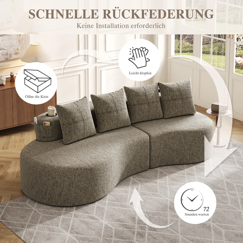 Canapé 3 places en lin khaki avec 4 coussins, porte-gobelet, poches latérales sans montage 240x109cm FLARERIFTA