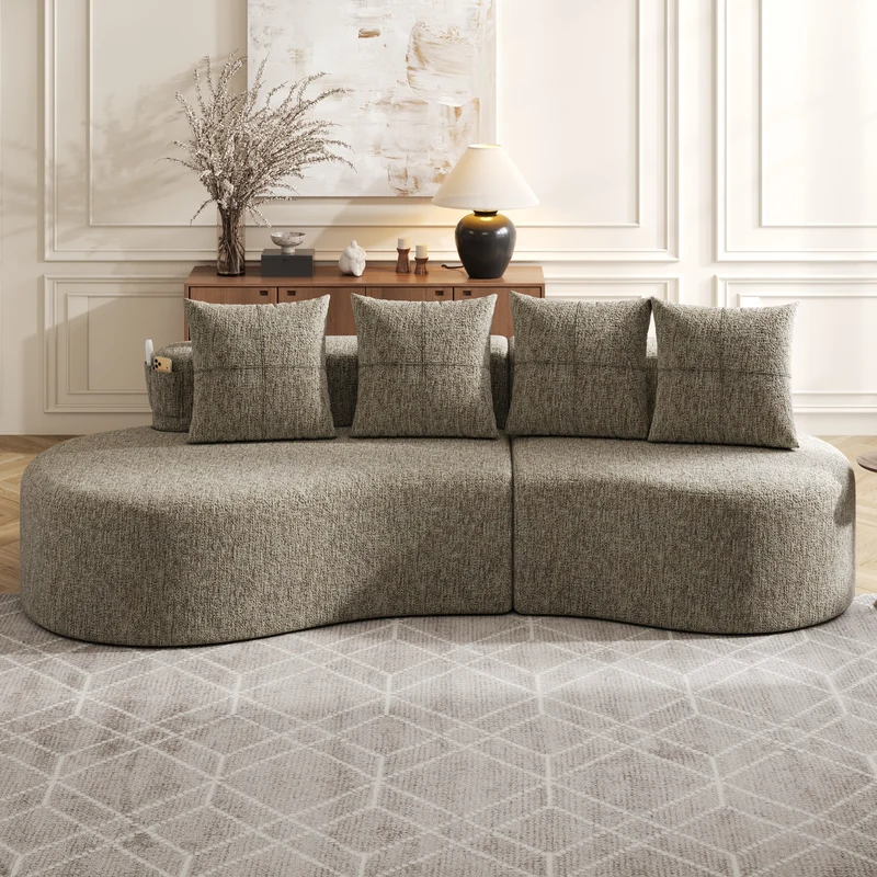Canapé 3 places en lin khaki avec 4 coussins, porte-gobelet, poches latérales sans montage 240x109cm FLARERIFTA
