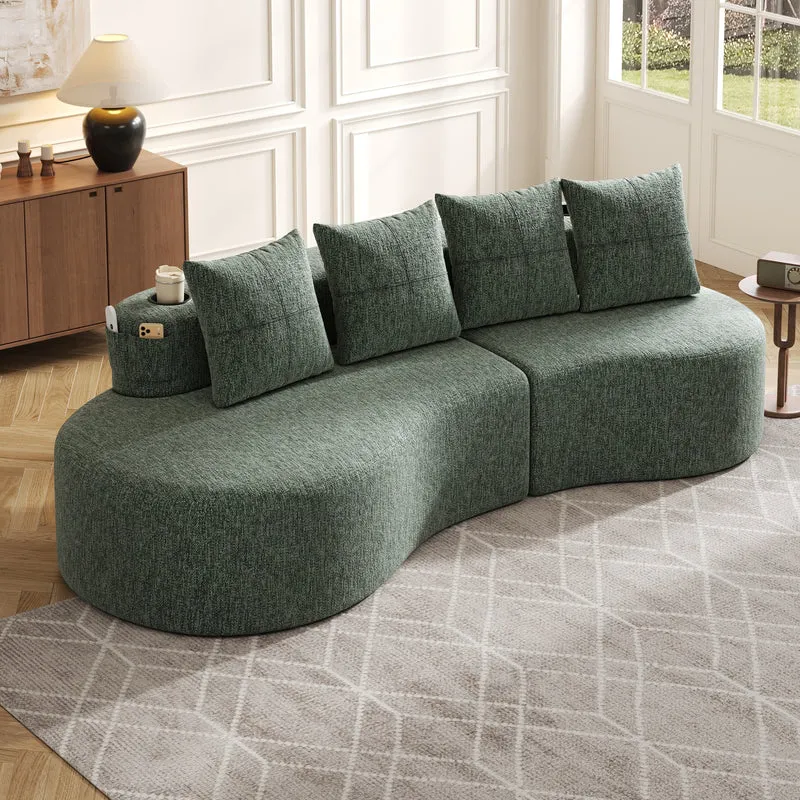 Canapé 3 places en lin vert avec 4 coussins, porte-gobelet, poches latérales sans montage 240x109cm FLAREQUASI