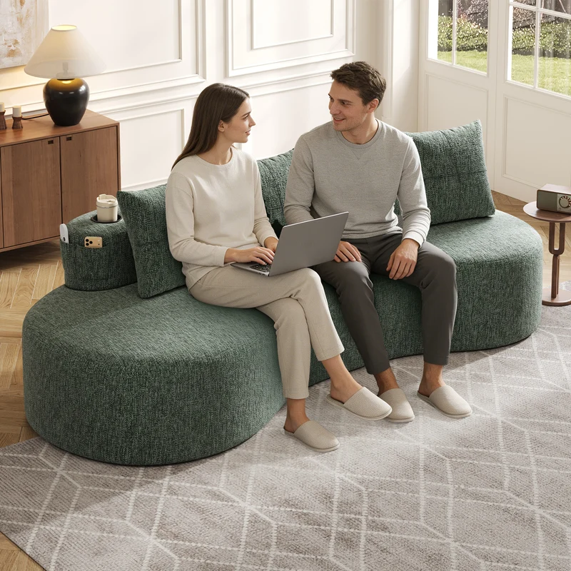 Canapé 3 places en lin vert avec 4 coussins, porte-gobelet, poches latérales sans montage 240x109cm FLAREQUASI