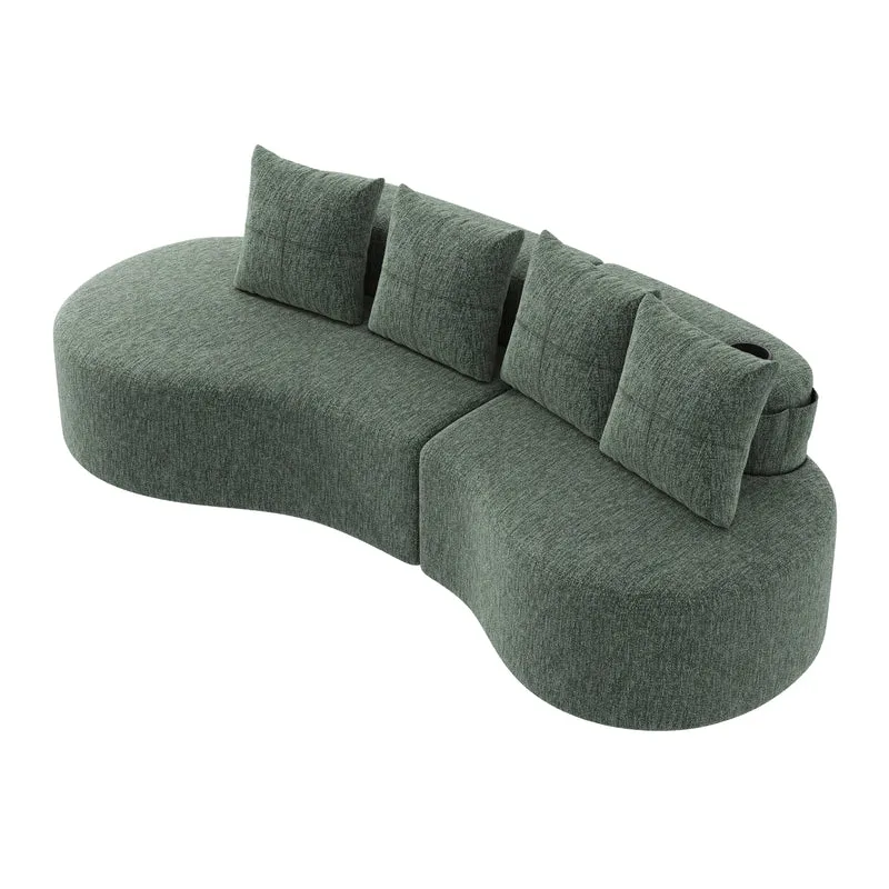 Canapé 3 places en lin vert avec 4 coussins, porte-gobelet, poches latérales sans montage 240x109cm FLAREQUASI