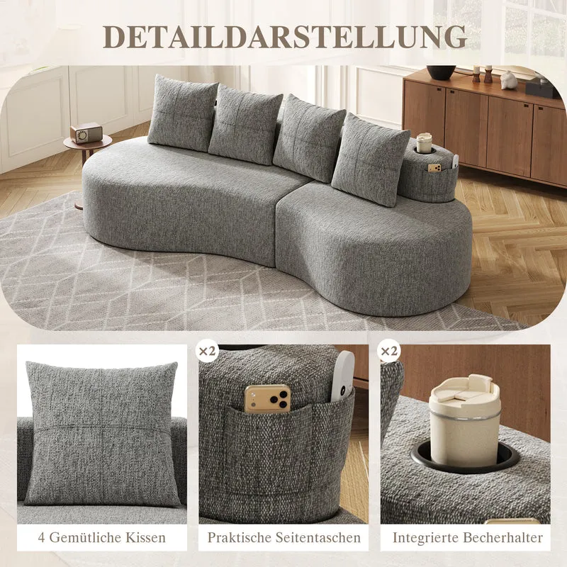 Canapé 3 places en lin gris clair avec 4 coussins, porte-gobelet, poches latérales sans montage 240x109cm FLAREVERTE