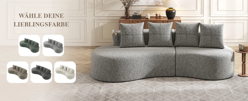 Canapé 3 places en lin gris clair avec 4 coussins, porte-gobelet, poches latérales sans montage 240x109cm FLAREVERTE