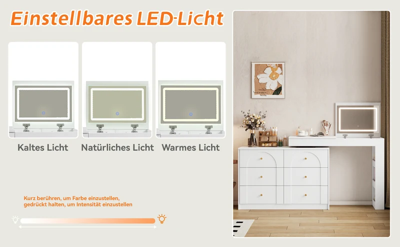 Coiffeuse ou bureau pivotant blanc avec 6 tiroirs, étagères ouvertes et miroir éclairage LED 105x40x80cm CARROIL