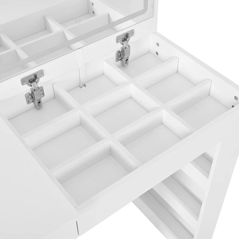Coiffeuse ou bureau pivotant blanc avec 6 tiroirs, étagères ouvertes et miroir éclairage LED 105x40x80cm CARROIL