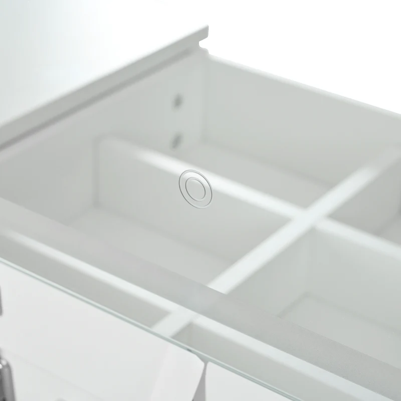 Coiffeuse ou bureau pivotant blanc avec 6 tiroirs, étagères ouvertes et miroir éclairage LED 105x40x80cm CARROIL