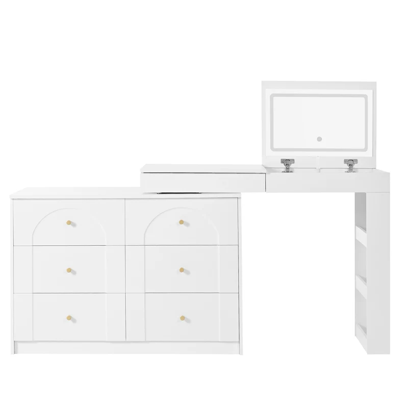 Coiffeuse ou bureau pivotant blanc avec 6 tiroirs, étagères ouvertes et miroir éclairage LED 105x40x80cm CARROIL