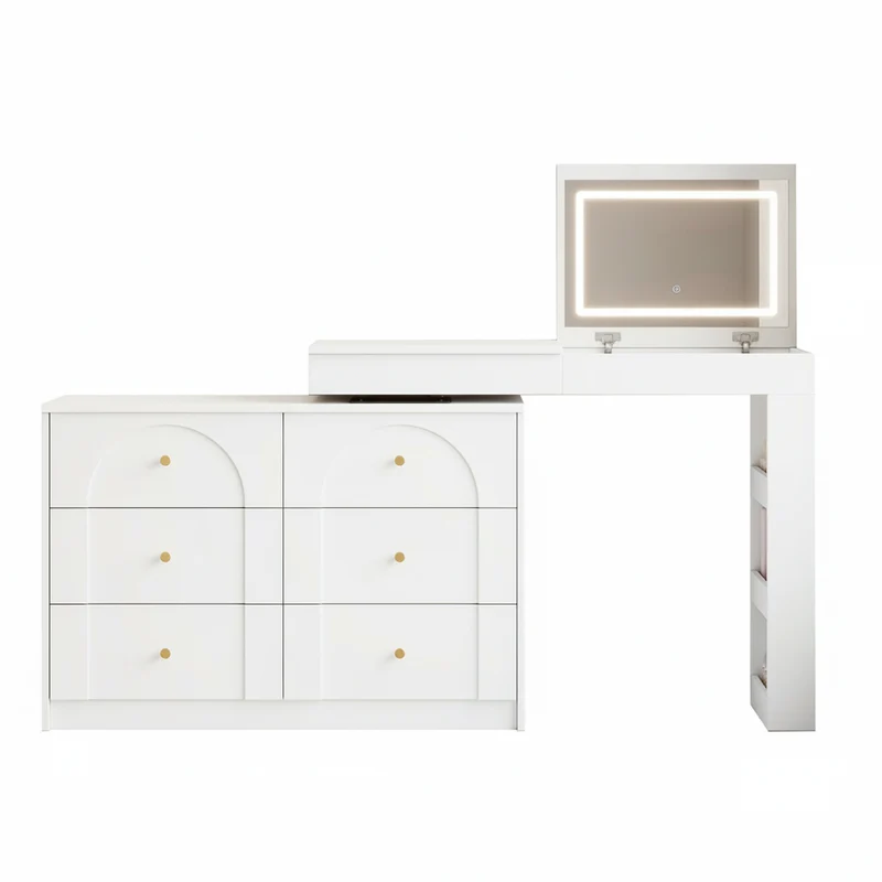 Coiffeuse ou bureau pivotant blanc avec 6 tiroirs, étagères ouvertes et miroir éclairage LED 105x40x80cm CARROIL