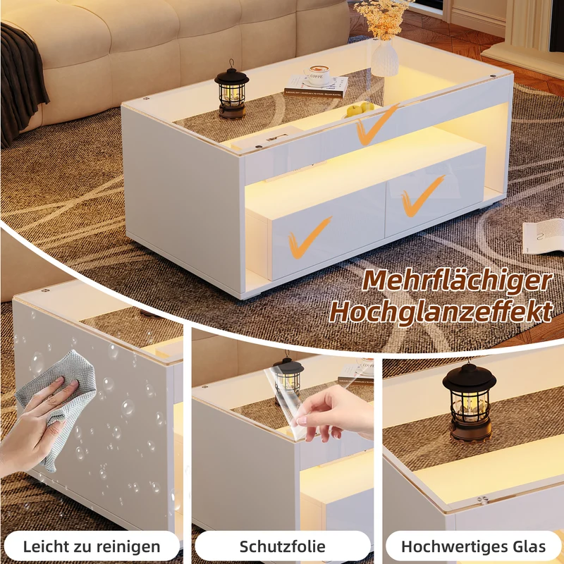 Table basse blanche en verre 2 tiroirs avec éclairage LED 100x50cm GEODYNAMO