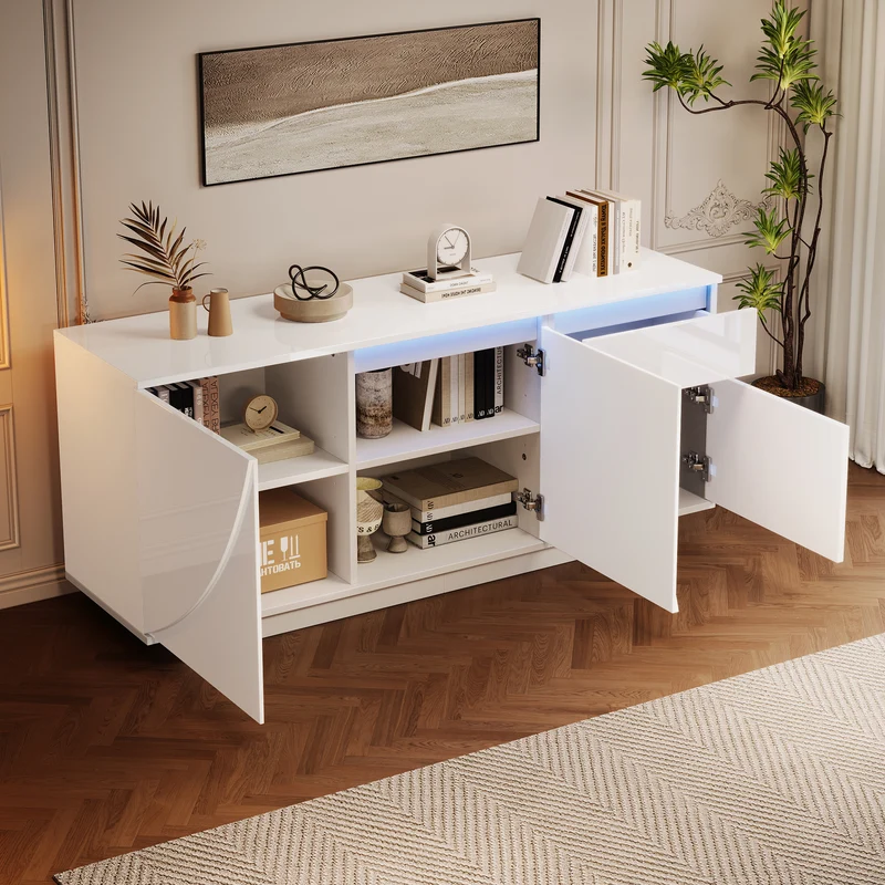 Buffet moderne blanc brillant motif géométrique 3 portes et éclairage LED GRASSPHYT