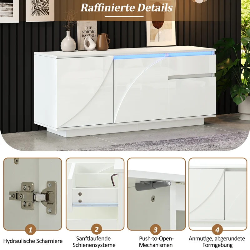 Buffet moderne blanc brillant motif géométrique 3 portes et éclairage LED GRASSPHYT