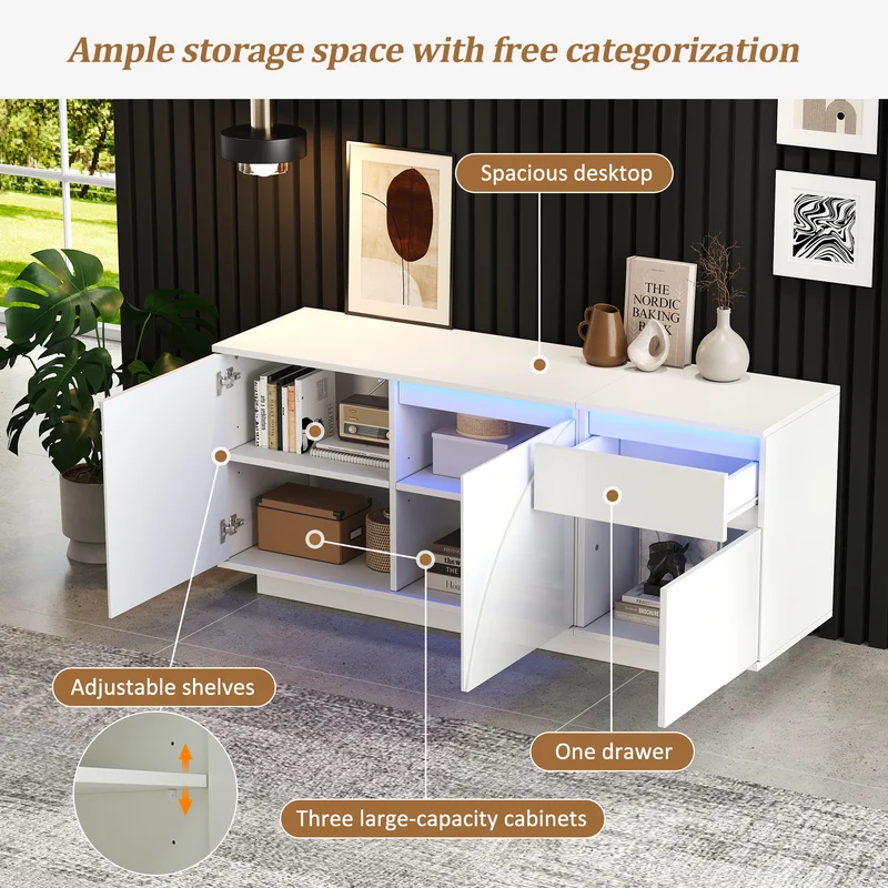 Buffet moderne blanc brillant motif géométrique 3 portes et éclairage LED GRASSPHYT