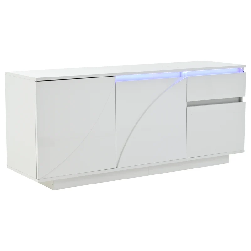 Buffet moderne blanc brillant motif géométrique 3 portes et éclairage LED GRASSPHYT