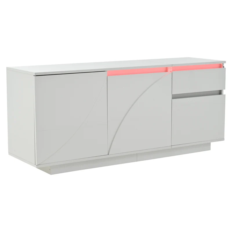 Buffet moderne blanc brillant motif géométrique 3 portes et éclairage LED GRASSPHYT