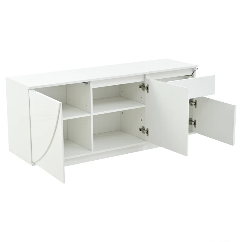 Buffet moderne blanc brillant motif géométrique 3 portes et éclairage LED GRASSPHYT