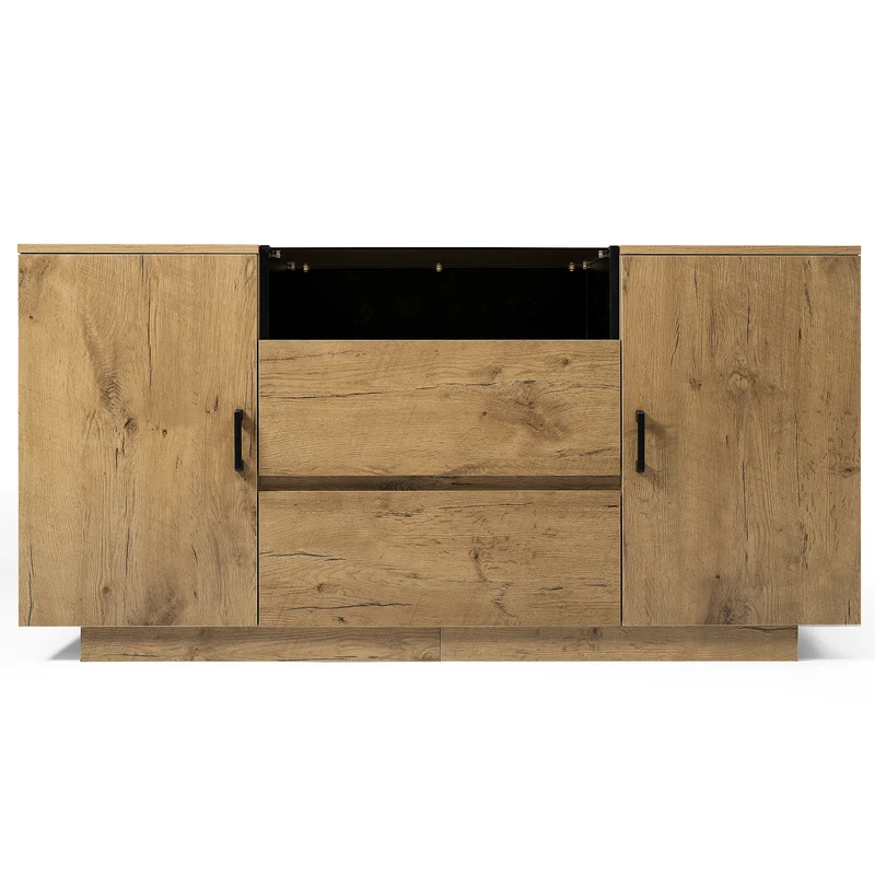 Buffet industriel effet chêne, niche noir et top en verre, 2 portes 2 tiroirs PROTONFEN