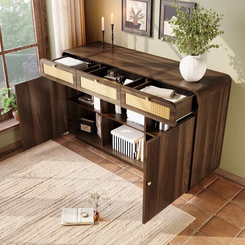 Buffet rétro effet noyer 3 tiroirs en rotin tressé, 2 portes et compartiment ouvert COFACTOR