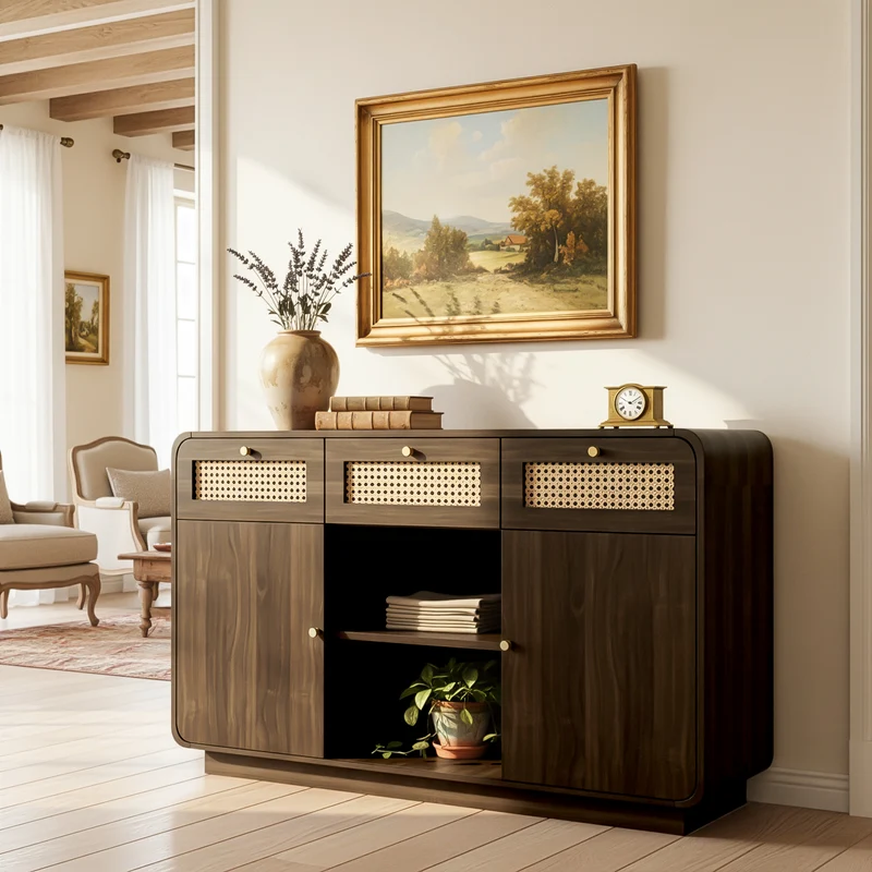 Buffet rétro effet noyer 3 tiroirs en rotin tressé, 2 portes et compartiment ouvert COFACTOR