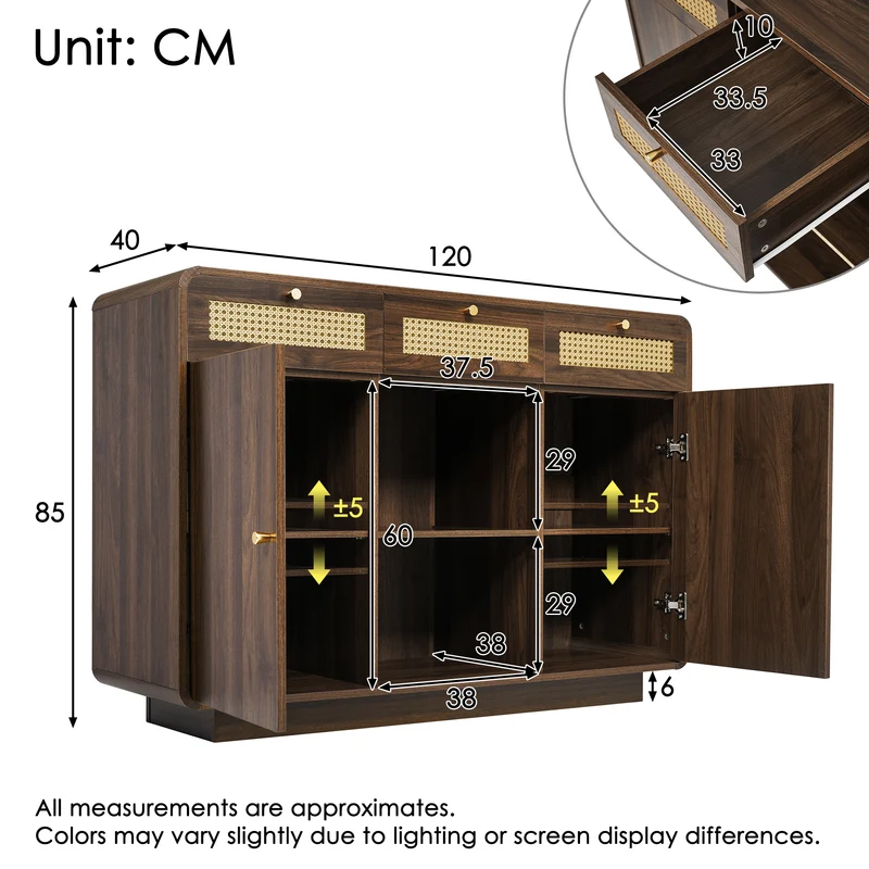Buffet rétro effet noyer 3 tiroirs en rotin tressé, 2 portes et compartiment ouvert COFACTOR