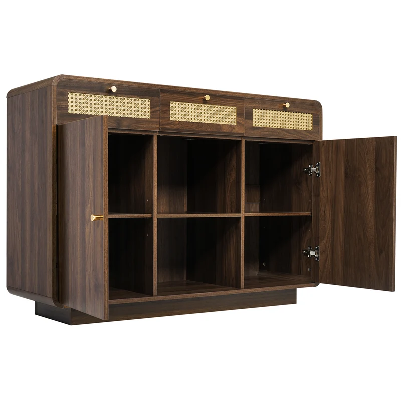 Buffet rétro effet noyer 3 tiroirs en rotin tressé, 2 portes et compartiment ouvert COFACTOR