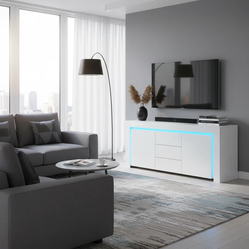 Buffet blanc laqué brillant avec éclairage LED 2 portes 3 tiroirs EUGLENOID