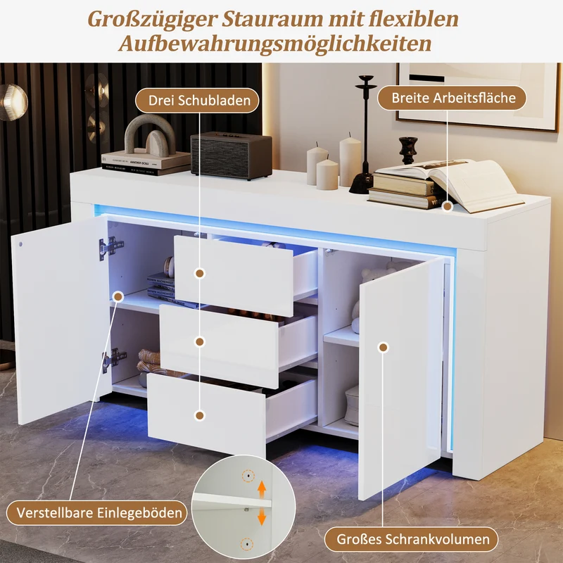 Buffet blanc laqué brillant avec éclairage LED 2 portes 3 tiroirs EUGLENOID