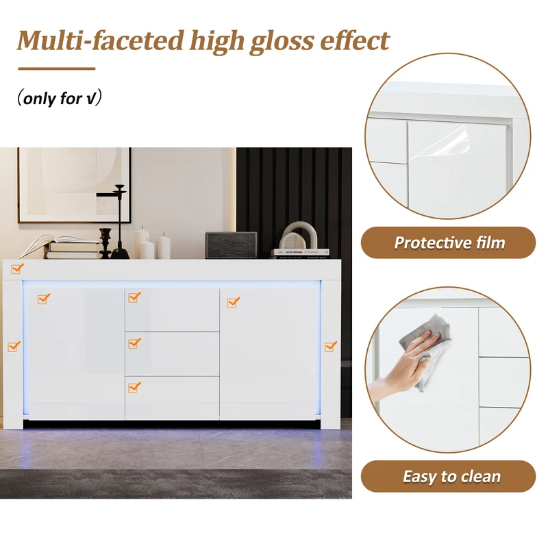 Buffet blanc laqué brillant avec éclairage LED 2 portes 3 tiroirs EUGLENOID