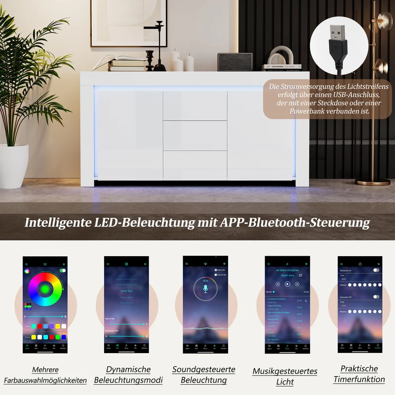 Buffet blanc laqué brillant avec éclairage LED 2 portes 3 tiroirs EUGLENOID