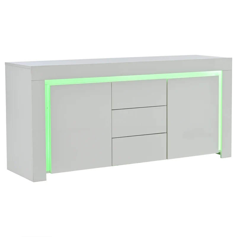 Buffet blanc laqué brillant avec éclairage LED 2 portes 3 tiroirs EUGLENOID