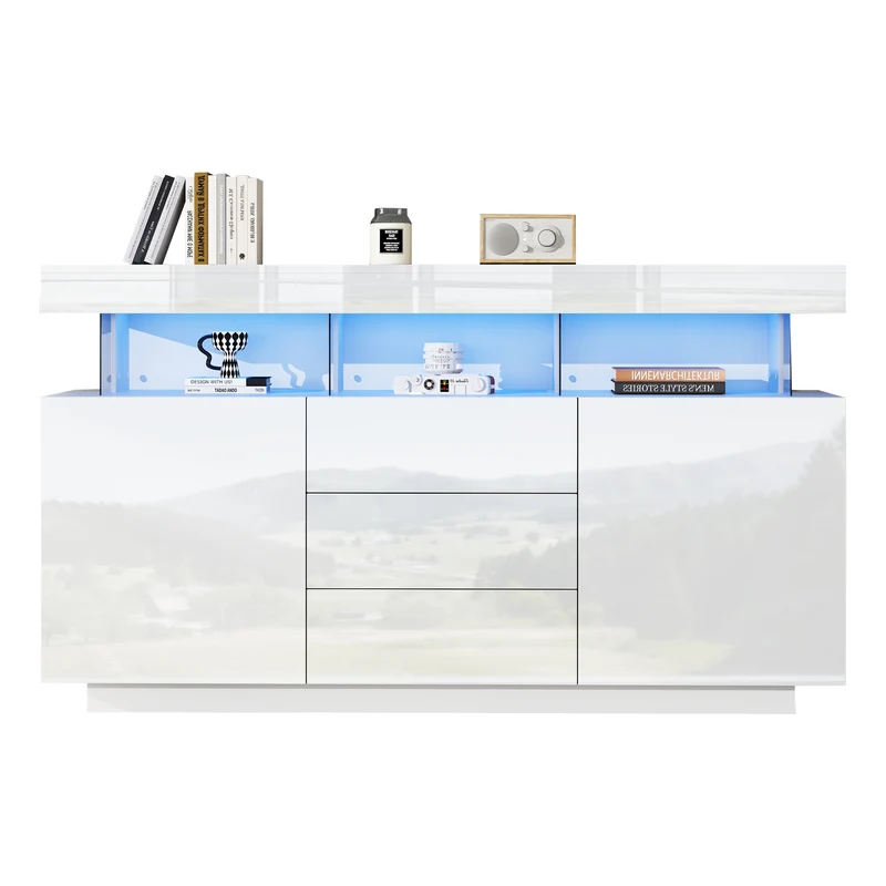 Buffet blanc brillant avec éclairage LED 2 portes 3 tiroirs REZER