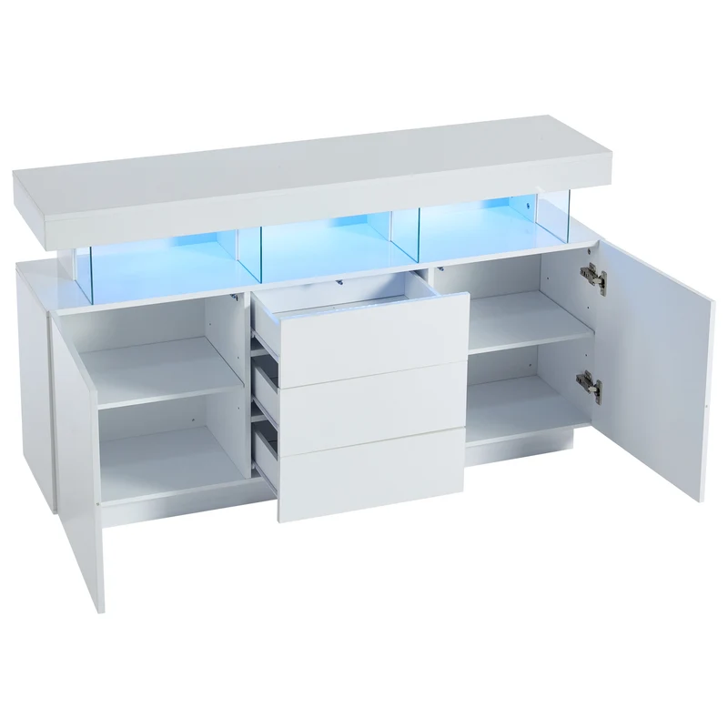 Buffet blanc brillant avec éclairage LED 2 portes 3 tiroirs REZER