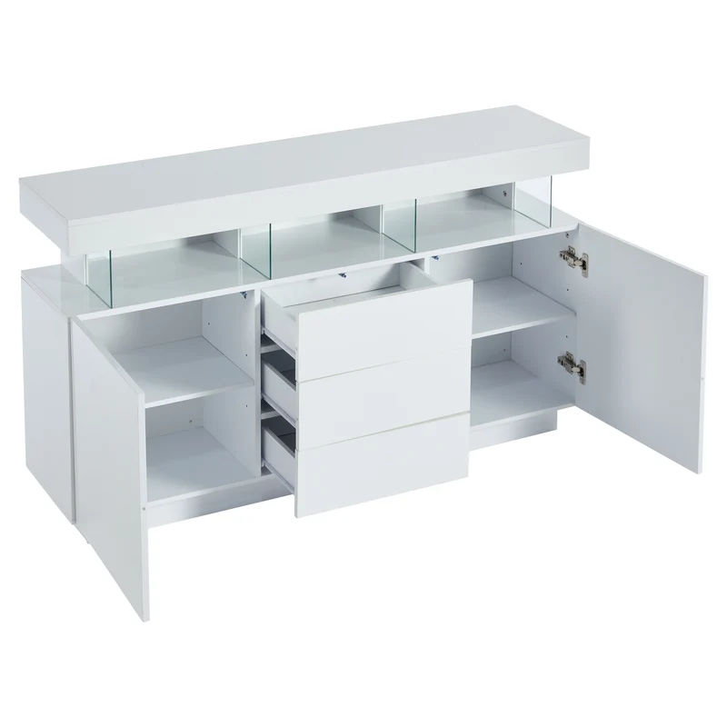 Buffet blanc brillant avec éclairage LED 2 portes 3 tiroirs REZER