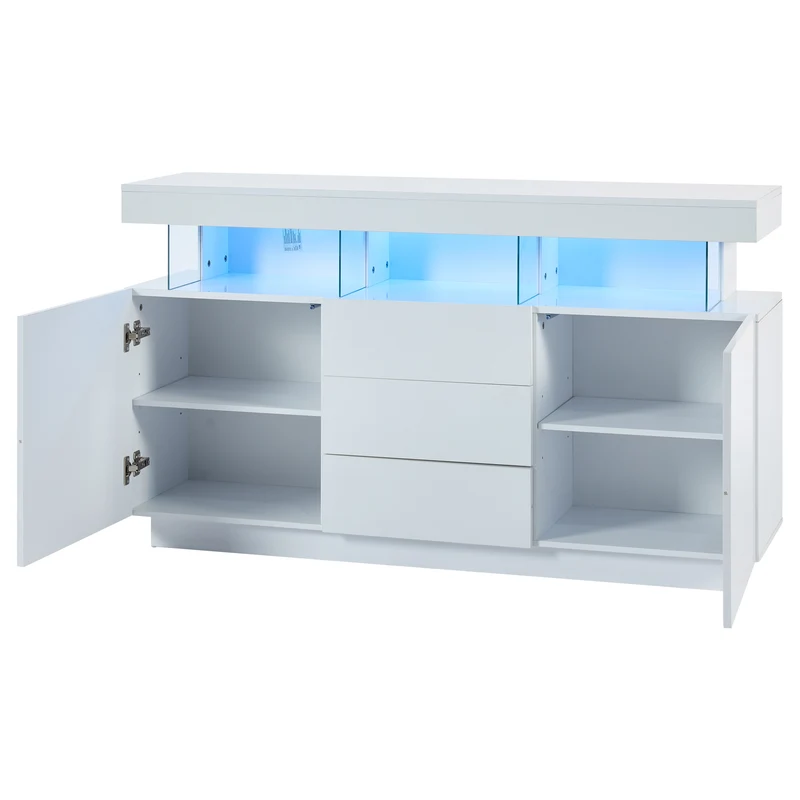 Buffet blanc brillant avec éclairage LED 2 portes 3 tiroirs REZER