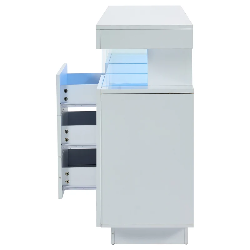 Buffet blanc brillant avec éclairage LED 2 portes 3 tiroirs REZER