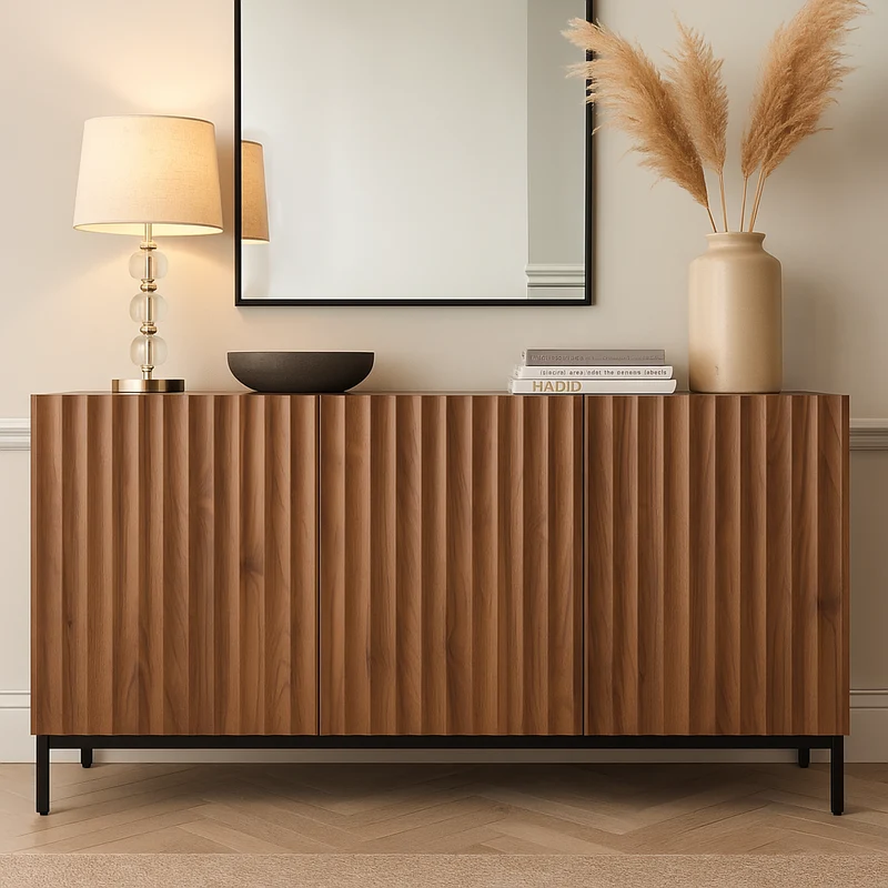 Buffet effet chêne vintage grainé foncé 3D ondulé 150x40x80cm GHOTS