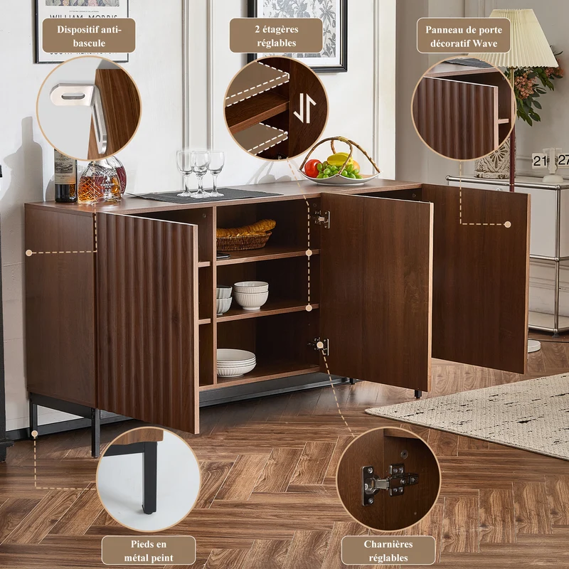 Buffet effet chêne vintage grainé foncé 3D ondulé 150x40x80cm GHOTS