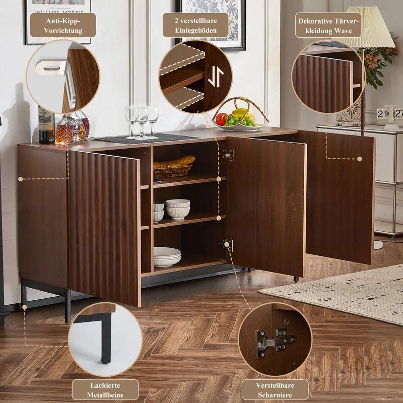Buffet effet chêne vintage grainé foncé 3D ondulé 150x40x80cm GHOTS