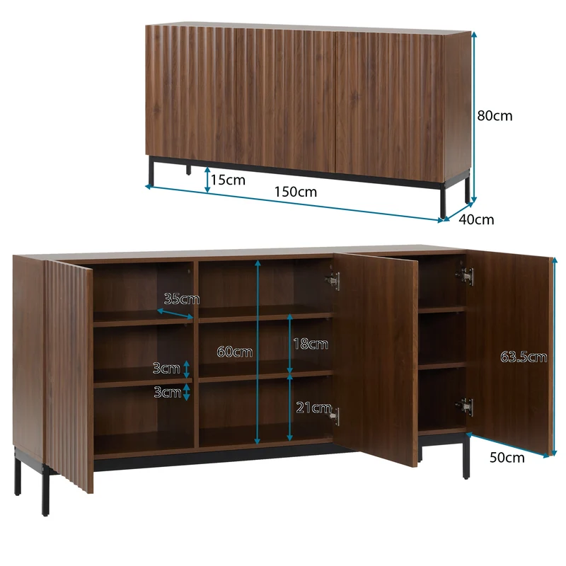 Buffet effet chêne vintage grainé foncé 3D ondulé 150x40x80cm GHOTS