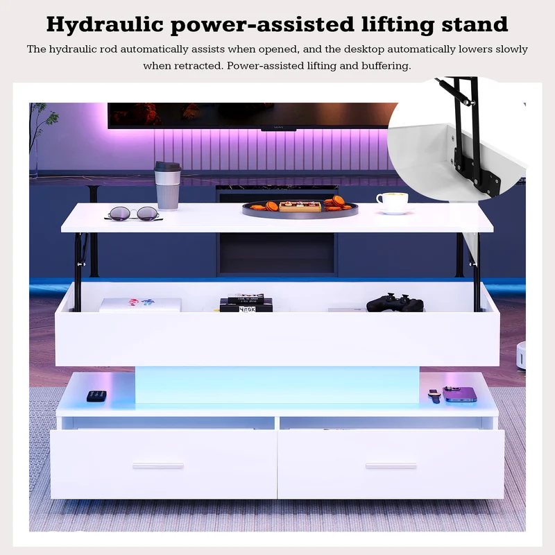 Table basse blanche plateau relevable à hauteur réglable 2 tiroirs et espace de rangement ouvert avec éclairage LED 100*50*44 cm ZAKS WHITE