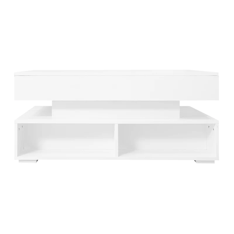 Table basse blanche plateau relevable à hauteur réglable 2 tiroirs et espace de rangement ouvert avec éclairage LED 100*50*44 cm ZAKS WHITE