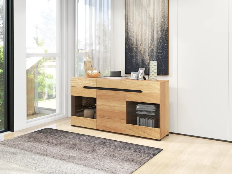 Buffet moderne LED rangement 3 portes 3 tiroirs 140*35*80 KRANQRUK