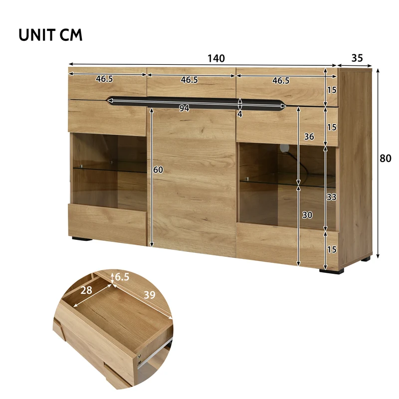 Buffet moderne LED rangement 3 portes 3 tiroirs 140*35*80 KRANQRUK